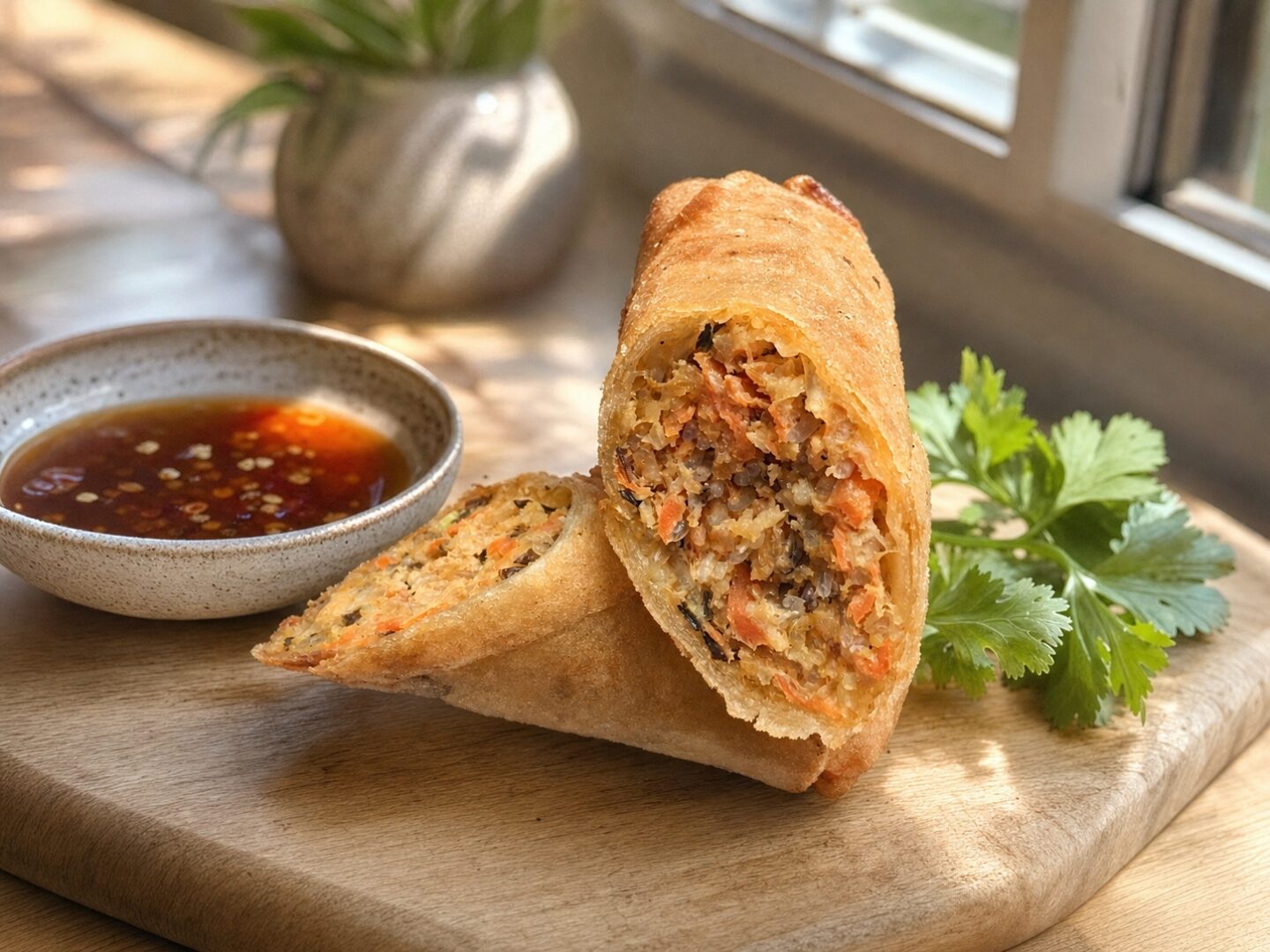 A board of freshly made eggrolls